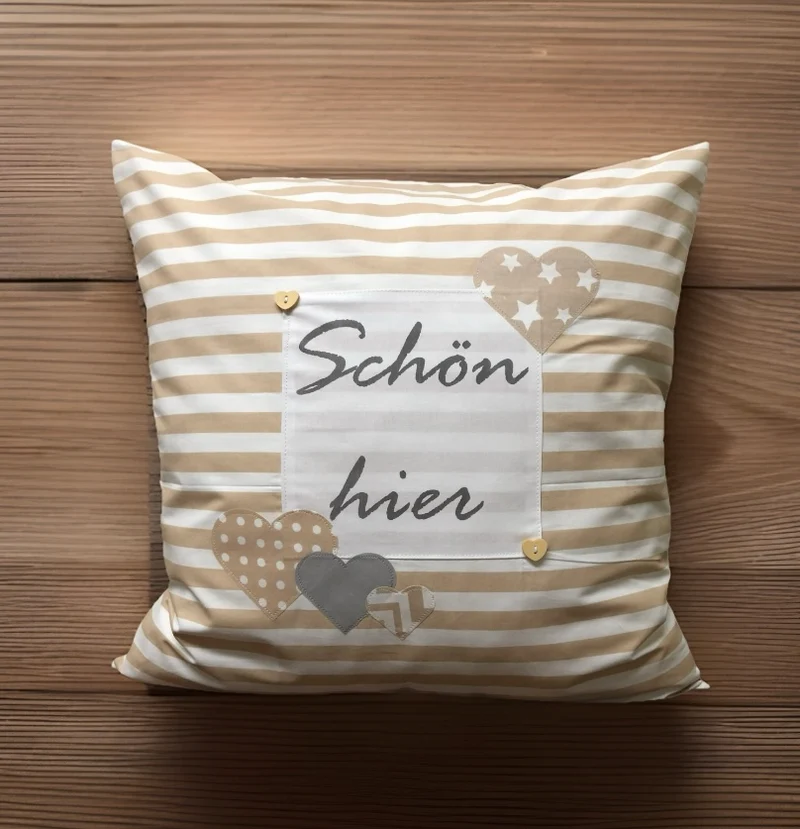 Landhausstil Kissenhülle * Kissenbezug * Dekokissen „ Schön hier „ beige/weiß gestreift