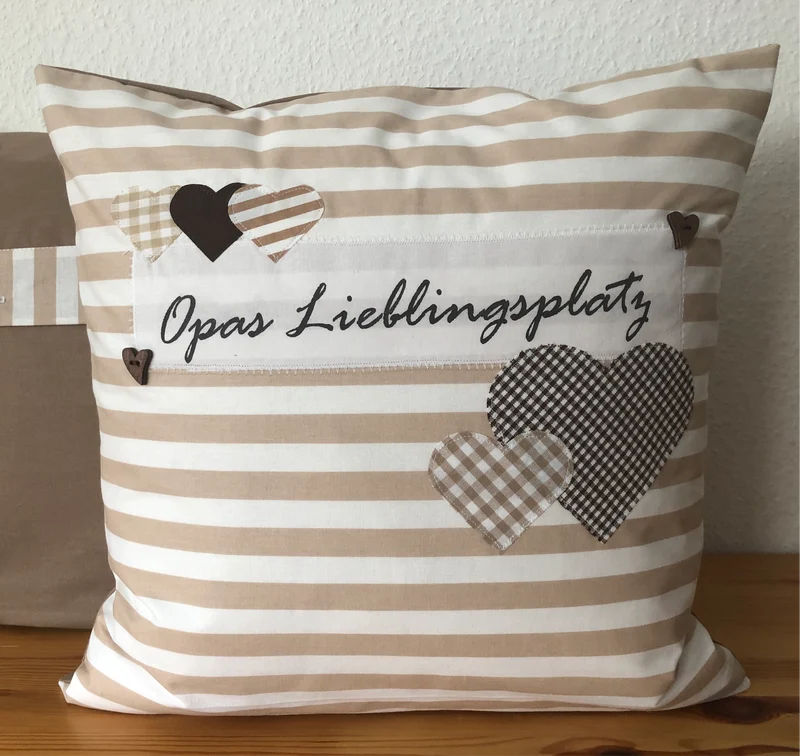 Landhausstil Kissenhülle * Kissenbezug * Dekokissen beige/weiß * Opas Lieblingsplatz *beige/weiß