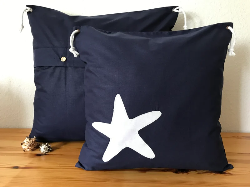 1x Maritime Kissenhülle, Landhausstil Dekokissen, Seestern. blau/weiß
