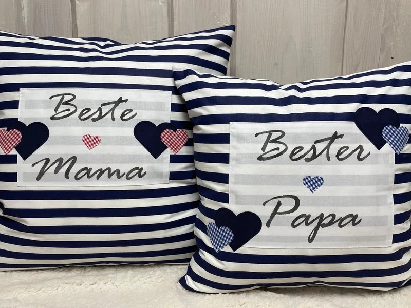 Landhausstil Kissenhülle, Muttertags Geschenk, Dekokissen *Beste Mama* blau/weiß