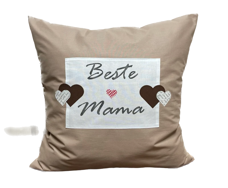 Landhausstil Kissenhülle, Kissenbezug, Dekokissen beige/weiß *Beste Mama*