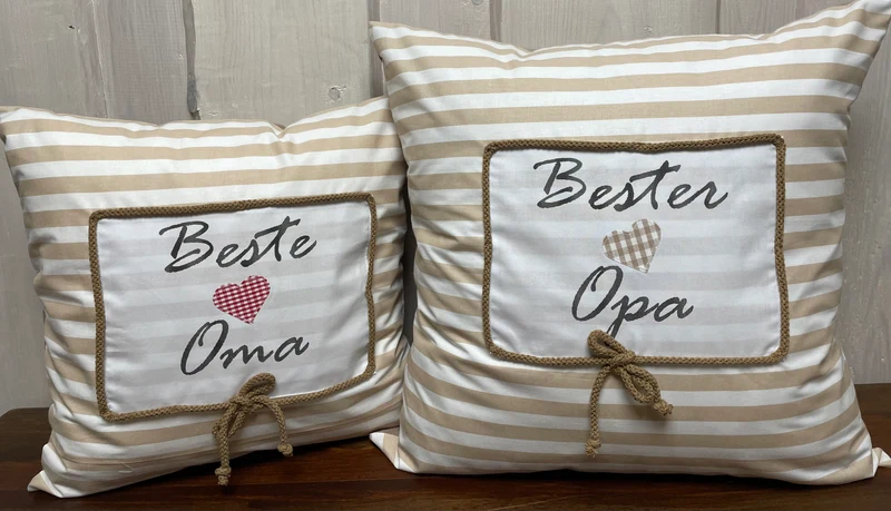 Landhausstil Kissenhülle, Kissenbezug, Dekokissen *Beste Oma* beige/weiß gestreift