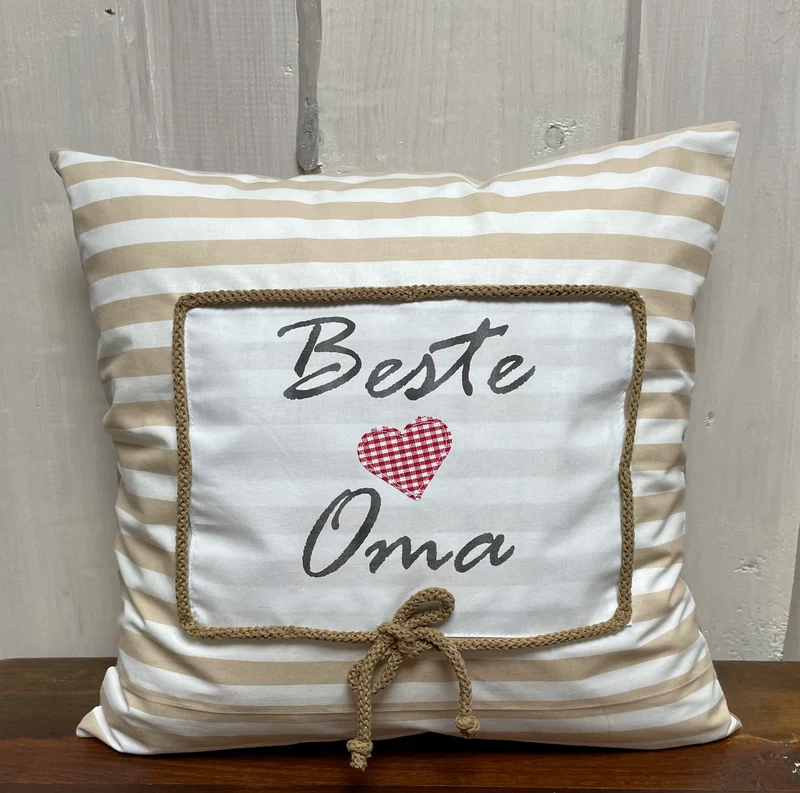 Landhausstil Kissenhülle, Kissenbezug, Dekokissen *Beste Oma* beige/weiß gestreift