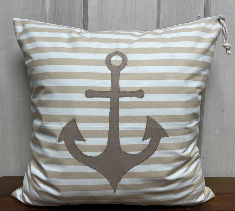 Maritime Kissenhülle, Landhausstil Dekokissen *Anker* beige/weiß gestreift