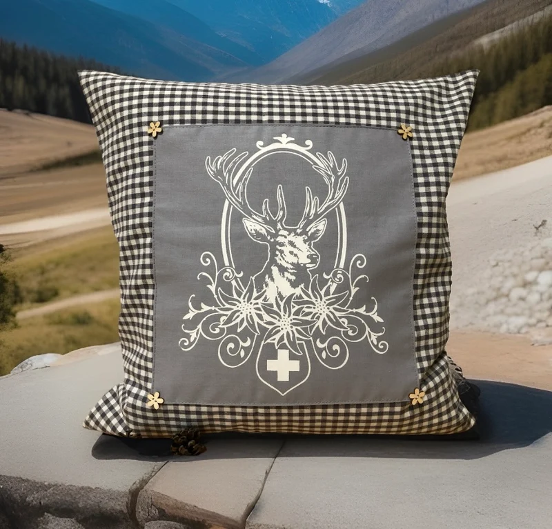 Landhausstil Kissenhülle, Kissenbezug, grau/weiß kariertes Dekokissen * Hubertus Hirsch *