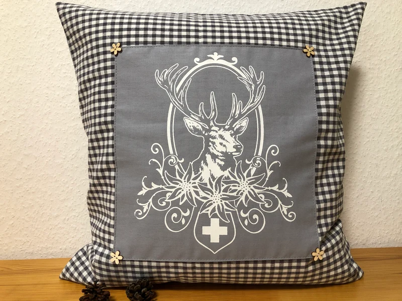 Landhausstil Kissenhülle, Kissenbezug, grau/weiß kariertes Dekokissen * Hubertus Hirsch *