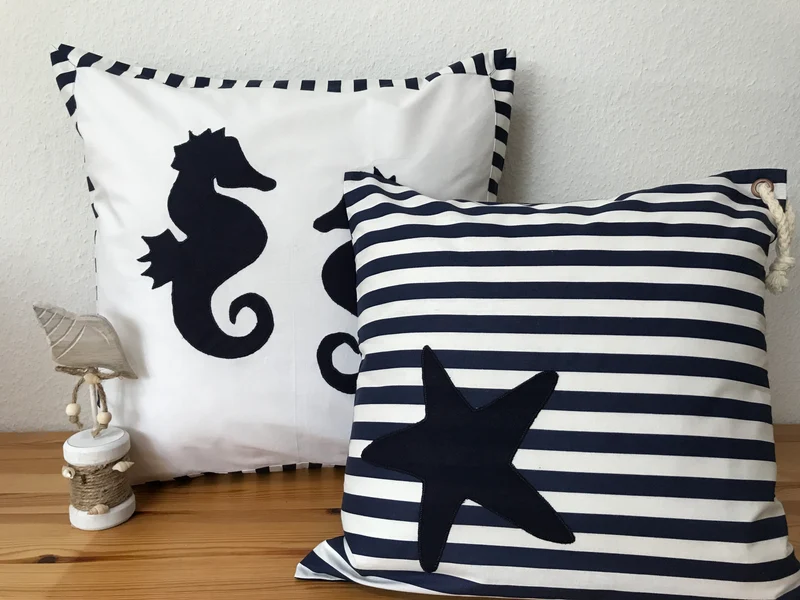 Maritime Kissenhülle, Landhausstil Kissenbezug * Seepferdchen weiß/blau