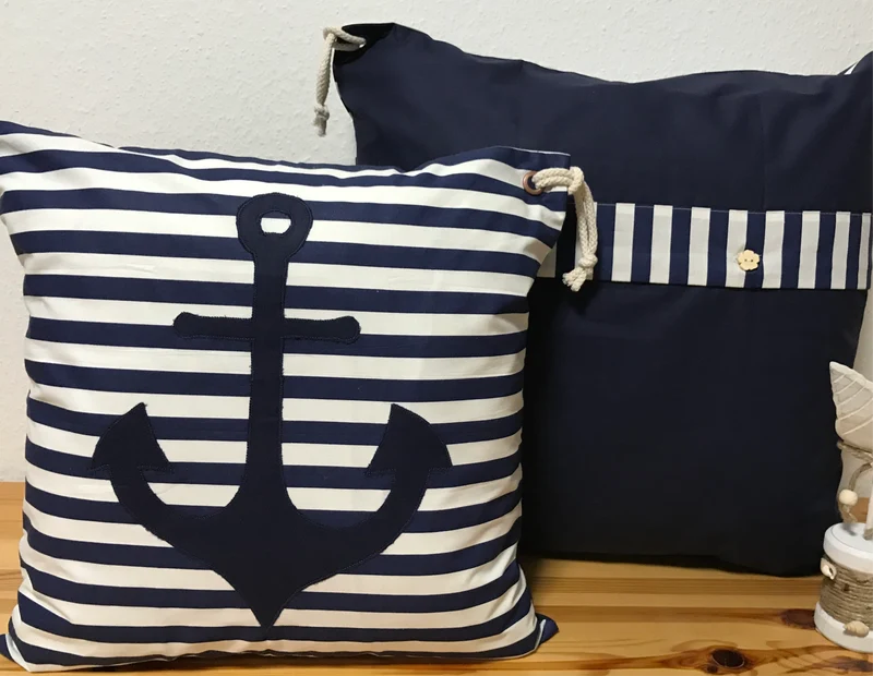 Maritime Kissenhülle, Landhausstil Kissenbezug, Anker blau/weiß