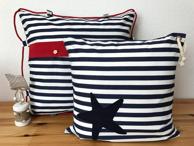 Maritime Kissenhülle, Landhausstil Dekokissen Seestern blau/weiß gestreift