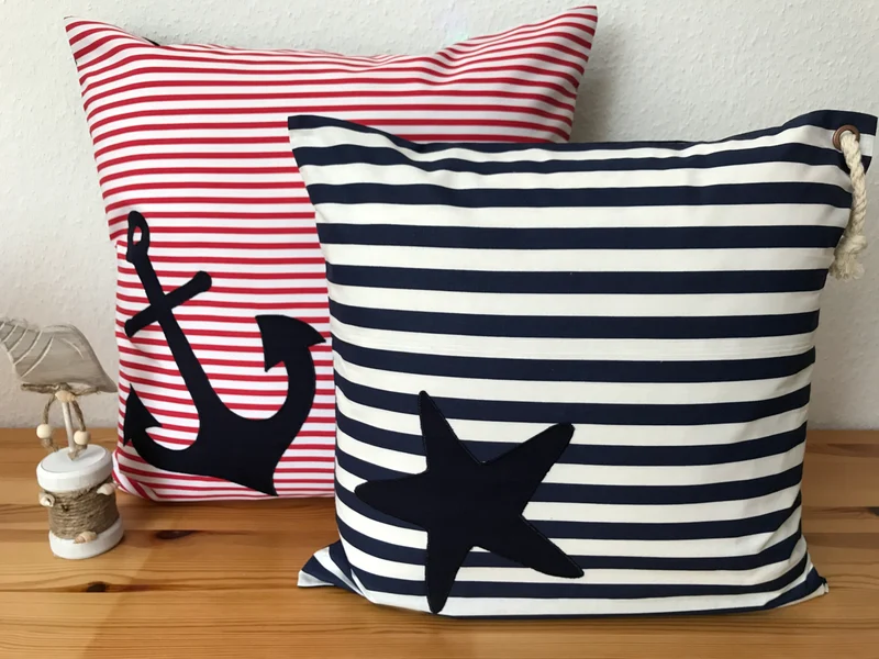 Maritime Kissenhülle, Landhausstil Dekokissen Seestern blau/weiß gestreift