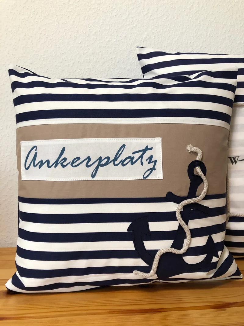 1x Maritime Kissenhülle, Kissenbezug, Landhausstil Kissen, Dekokissen Ankerplatz blau/weiß