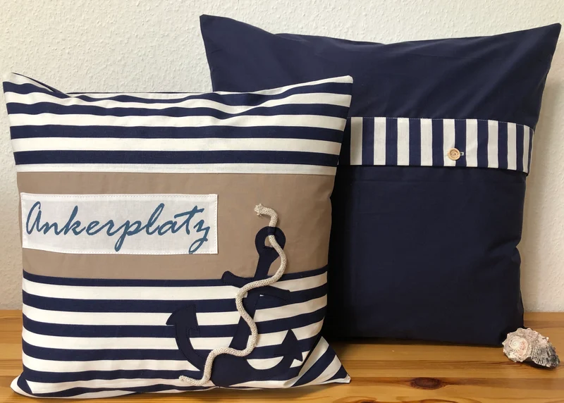 1x Maritime Kissenhülle, Kissenbezug, Landhausstil Kissen, Dekokissen Ankerplatz blau/weiß