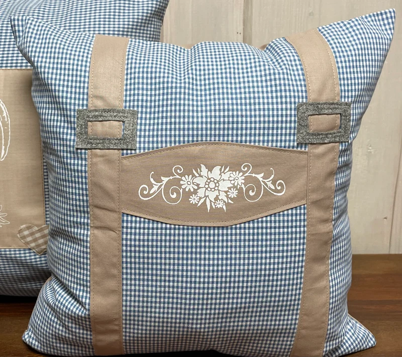 Landhausstil Kissenhülle, Kissenbezug, blau/weiß/beige kariertes Dekokissen * Hosenträger *