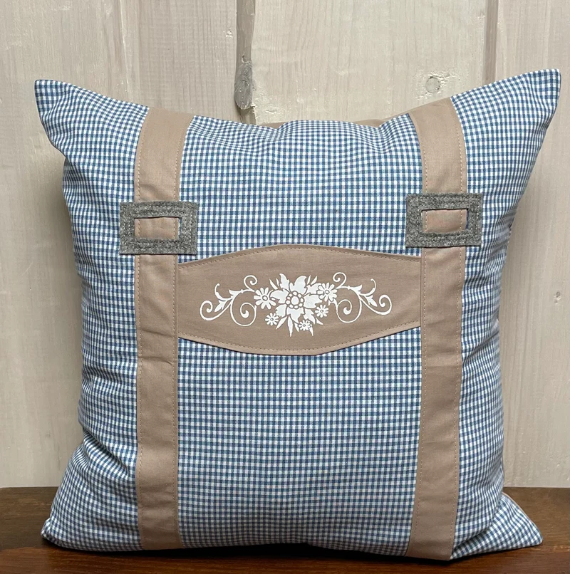 Landhausstil Kissenhülle, Kissenbezug, blau/weiß/beige kariertes Dekokissen * Hosenträger *