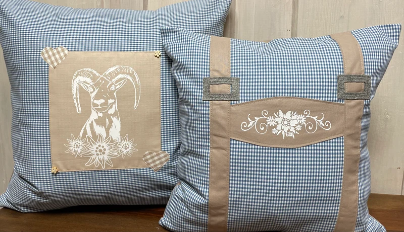Landhausstil Kissenhülle, Kissenbezug, blau/weiß/beige kariertes Dekokissen * Hosenträger *