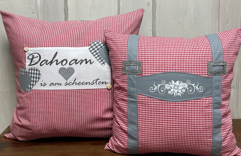 Landhausstil Kissenhülle, Kissenbezug, rot/weiß kariertes Dekokissen * Dahoam is am scheensten*