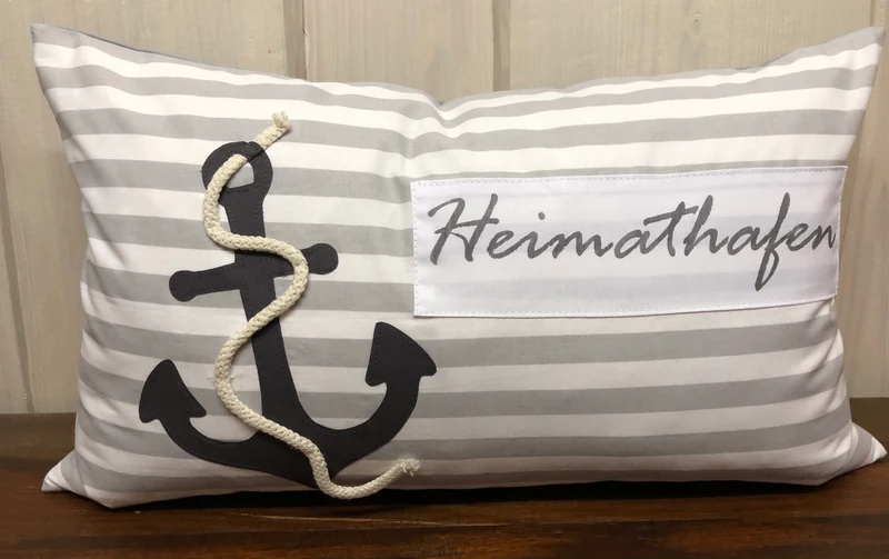 Maritime Kissenhülle, Landhausstil Kissenbezug * Heimathafen * grau/weiß 30x50cm.