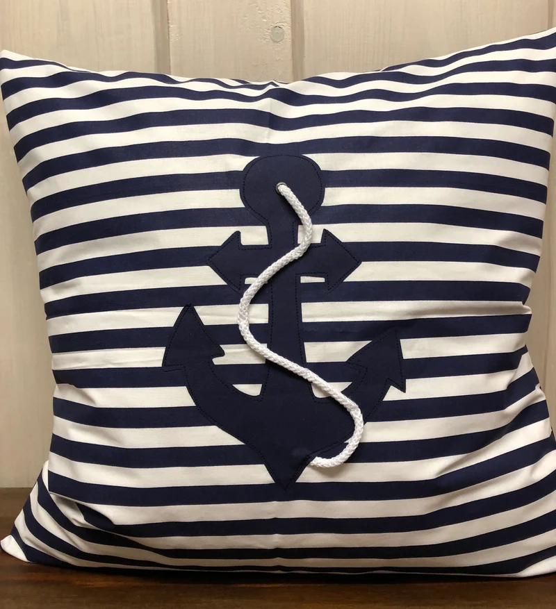 1x Maritime Kissenhülle, Landhausstil Kissenbezug, Anker blau/weiß gestreift