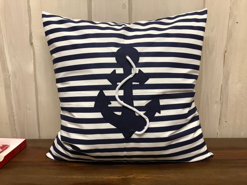 1x Maritime Kissenhülle, Landhausstil Kissenbezug, Anker blau/weiß gestreift