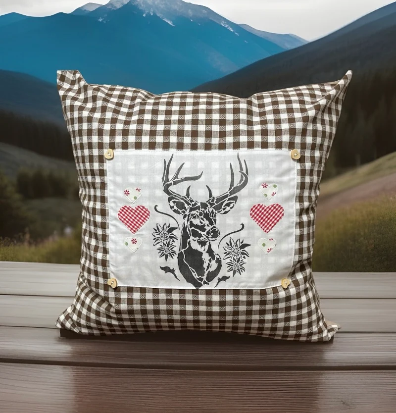 Landhausstil Kissenhülle, Kissenbezug, braun/weiß kariertes Dekokissen * Hirsch *