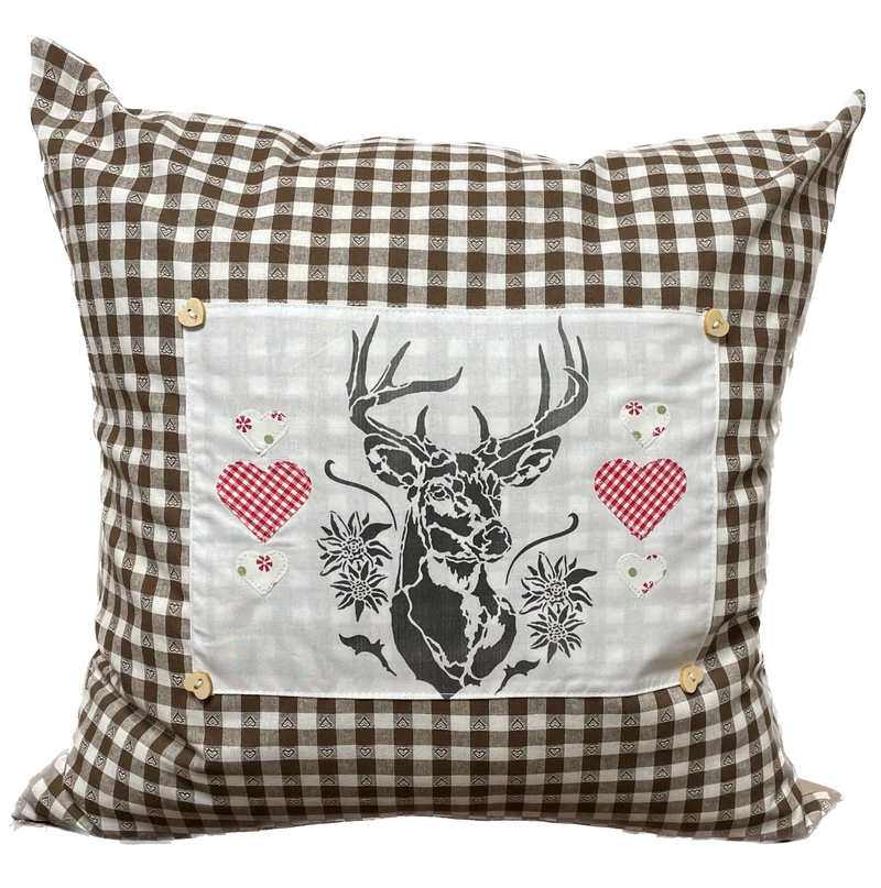 Landhausstil Kissenhülle, Kissenbezug, braun/weiß kariertes Dekokissen * Hirsch *