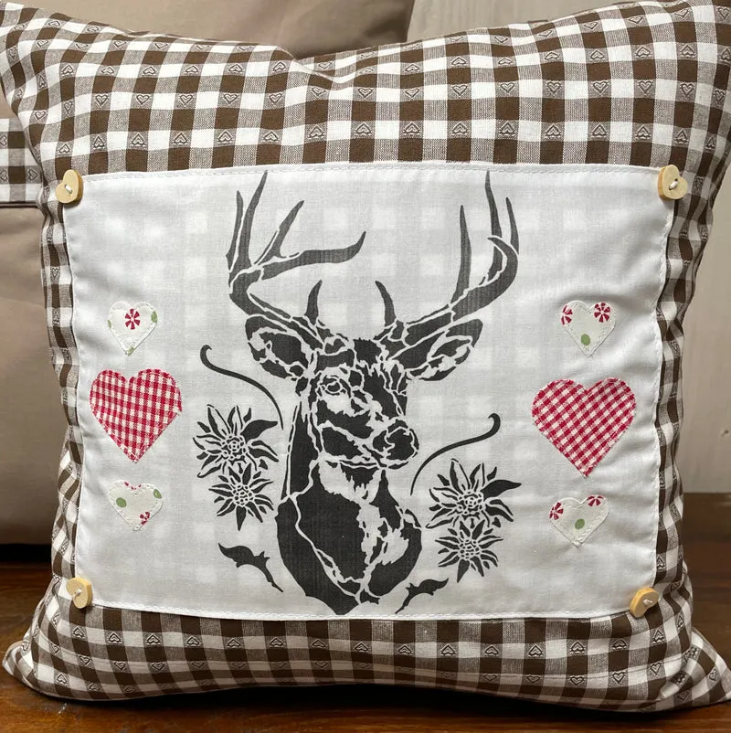 Landhausstil Kissenhülle, Kissenbezug, braun/weiß kariertes Dekokissen * Hirsch *