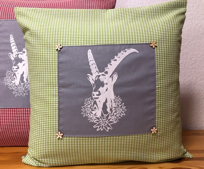 Landhausstil Kissenhülle * Kissenbezug * grün/weiß kariertes Dekokissen * Steinbock *