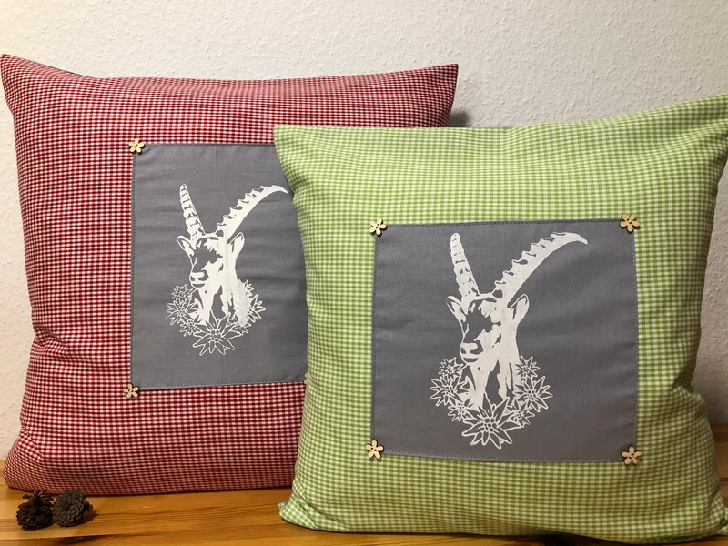 Landhausstil Kissenhülle * Kissenbezug * grün/weiß kariertes Dekokissen * Steinbock *
