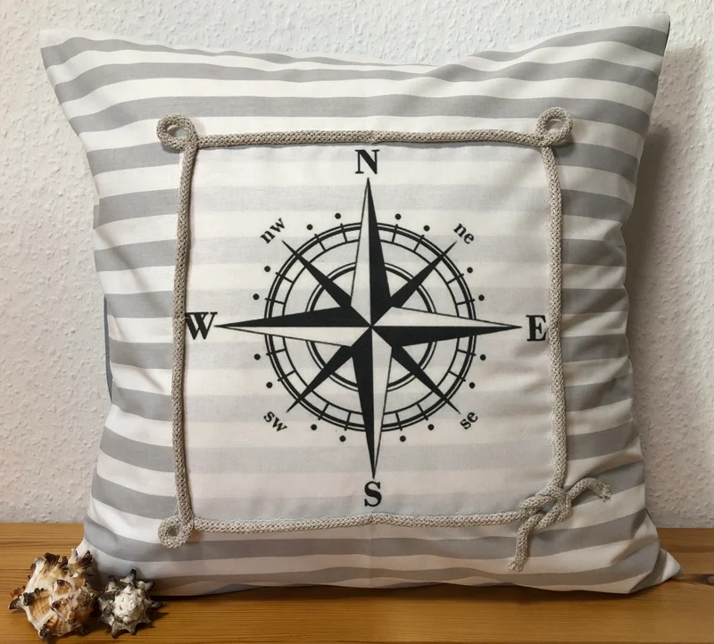 Maritime Kissenhülle, Kissenbezug, Landhausstil Kissen * Kompass * grau/weiß