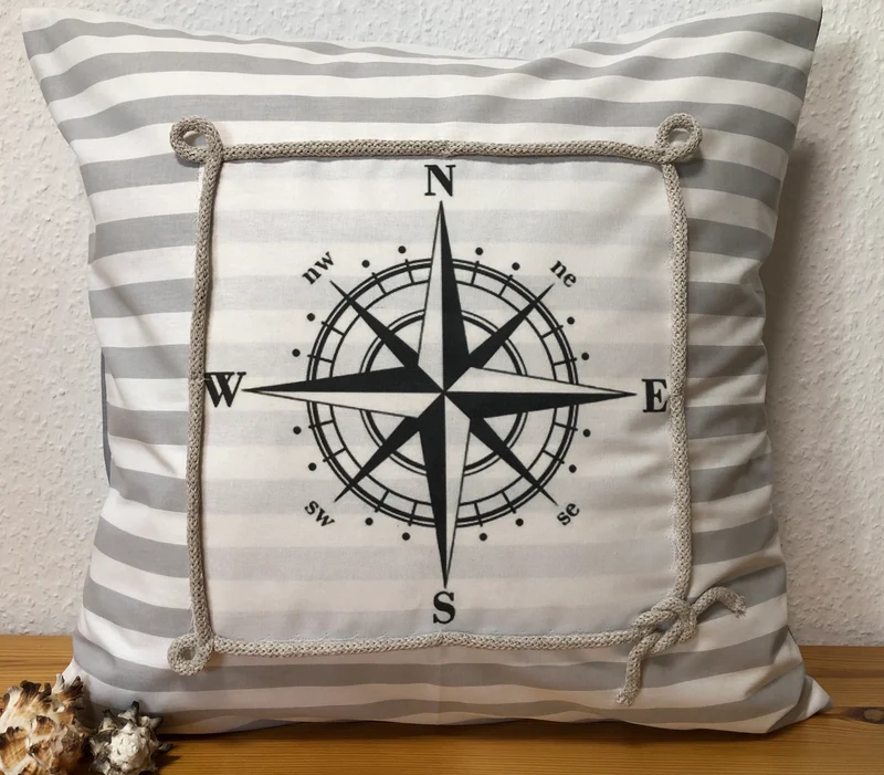 Maritime Kissenhülle, Kissenbezug, Landhausstil Kissen * Kompass * grau/weiß
