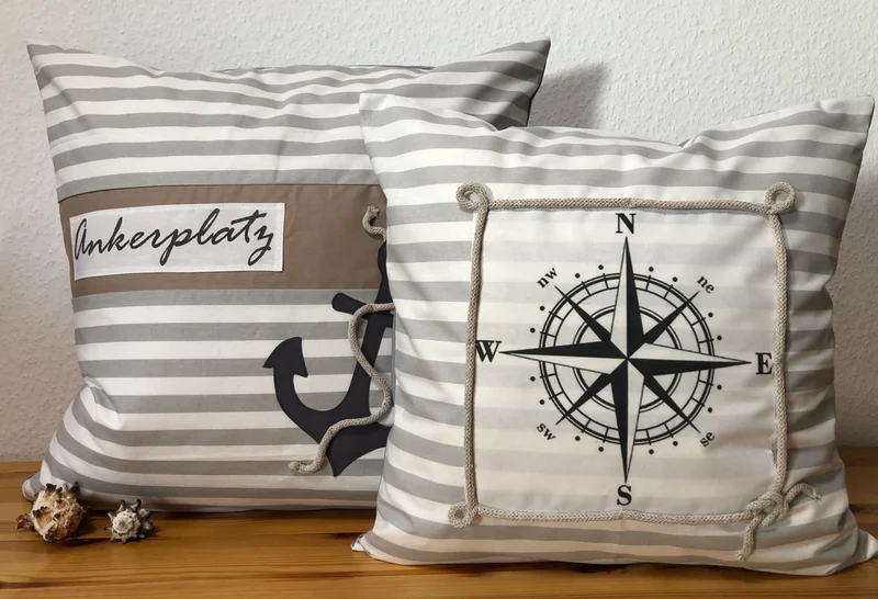 Maritime Kissenhülle, Kissenbezug, Landhausstil Kissen * Kompass * grau/weiß