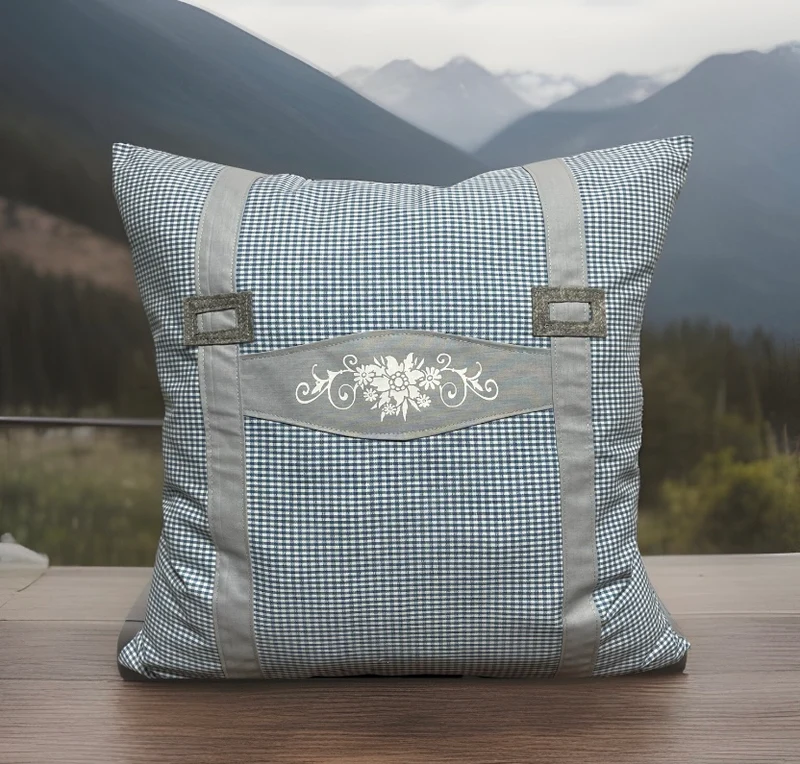 Landhausstil Kissenhülle * Kissenbezug * blau/grau kariertes Dekokissen * Hosenträger *