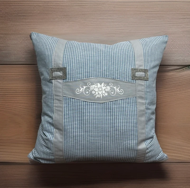 Landhausstil Kissenhülle * Kissenbezug * blau/grau kariertes Dekokissen * Hosenträger *