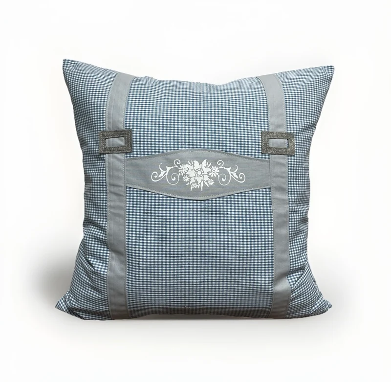 Landhausstil Kissenhülle * Kissenbezug * blau/grau kariertes Dekokissen * Hosenträger *