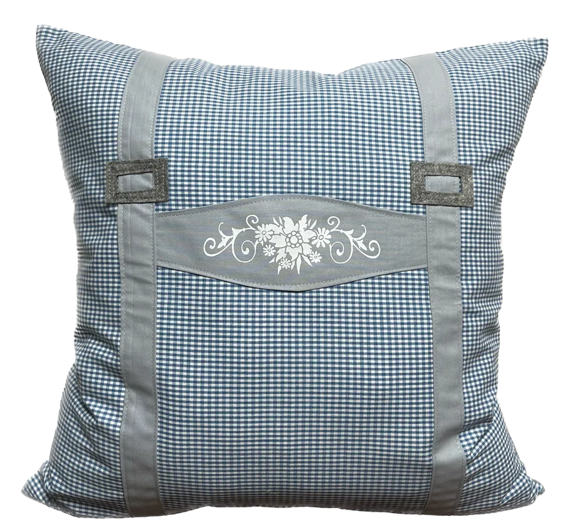 Landhausstil Kissenhülle * Kissenbezug * blau/grau kariertes Dekokissen * Hosenträger *