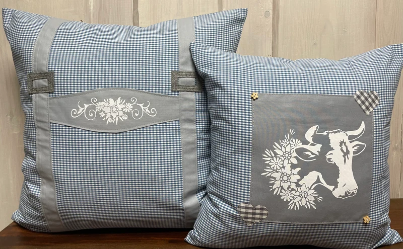 Landhausstil Kissenhülle * Kissenbezug * blau/grau kariertes Dekokissen * Hosenträger *