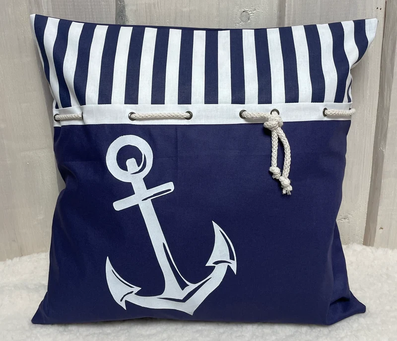 Maritime Kissenhülle, Landhausstil Dekokissen Anker blau/weiß