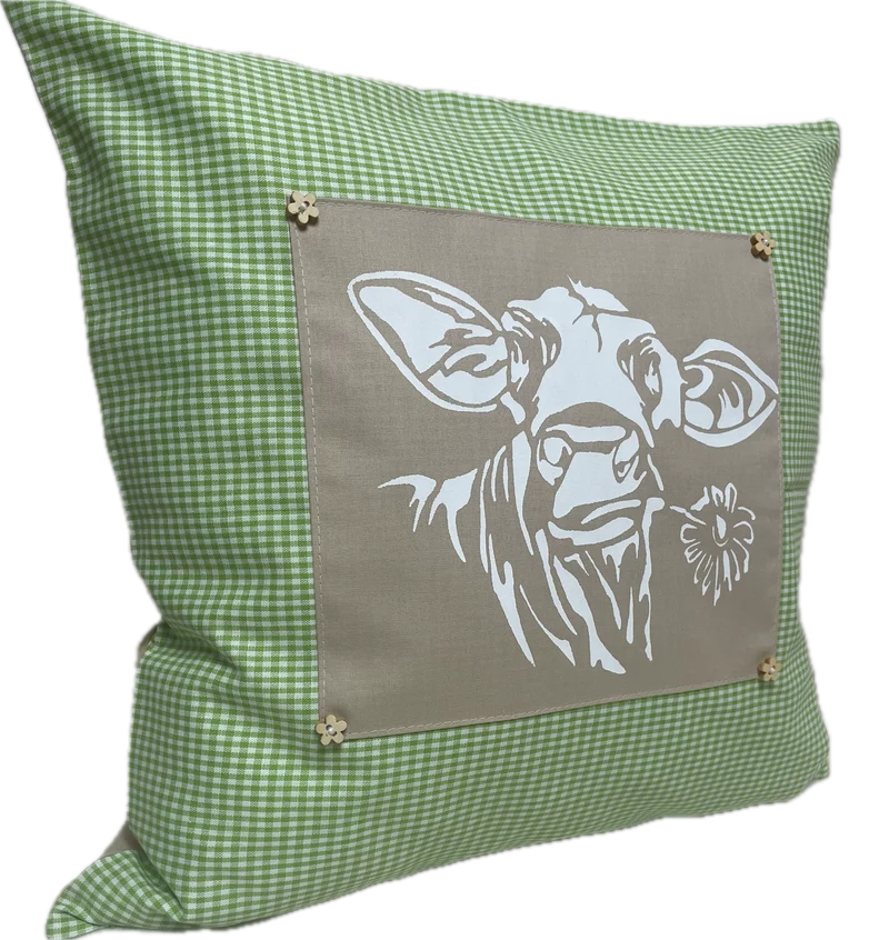 Landhausstil Kissenhülle * Kissenbezug * grün/beige kariertes Dekokissen * Kuh*