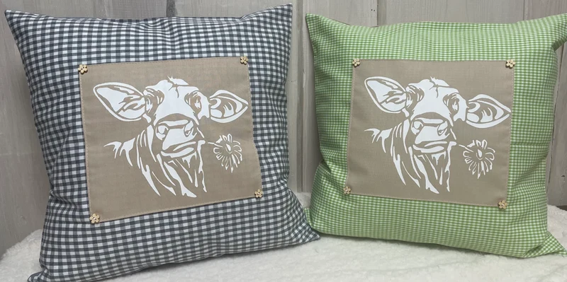 Landhausstil Kissenhülle * Kissenbezug * grau/beige kariertes Dekokissen * Kuh*