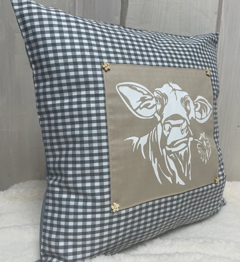 Landhausstil Kissenhülle * Kissenbezug * grau/beige kariertes Dekokissen * Kuh*