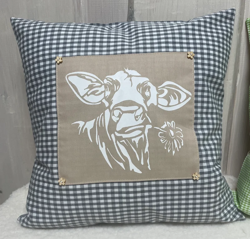 Landhausstil Kissenhülle * Kissenbezug * grau/beige kariertes Dekokissen * Kuh*