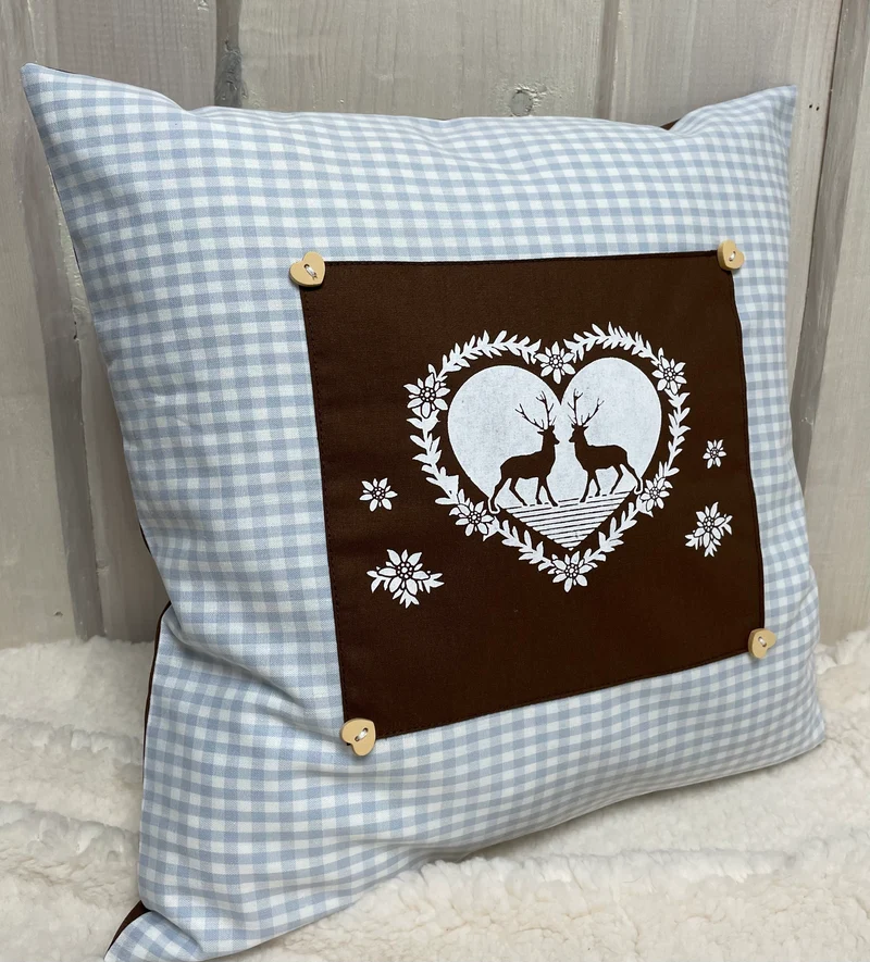 Landhausstil Kissenhülle * Kissenbezug * hellblau/weiß kariertes Dekokissen * Hirsche*