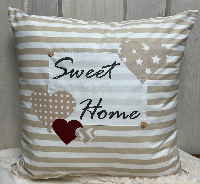 Landhausstil Kissenhülle * Kissenbezug * Dekokissen * Sweet Home * beige/weiß gestreift