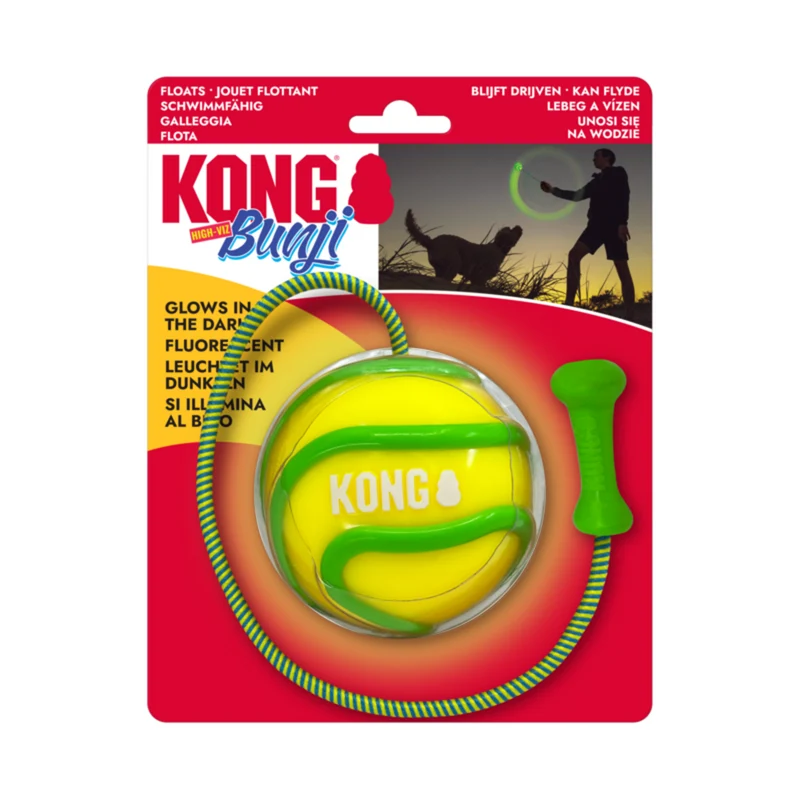 KONG Bunji High-Viz Ball – Leuchtender Hundeball mit Bungee-Seil & schwimmfähig