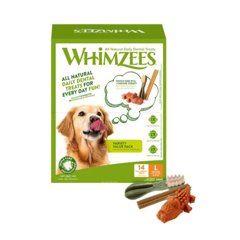Whimzees – Gemischte Kausnacks in Box für große Hunde – 14 Stück.