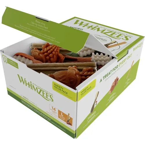 Whimzees – Gemischte Kausnacks in Box für große Hunde – 14 Stück.