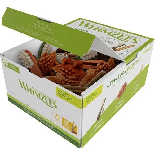 Whimzees – Gemischte Kausnacks in einer Box für mittelgroße Hunde – 28 Stück.