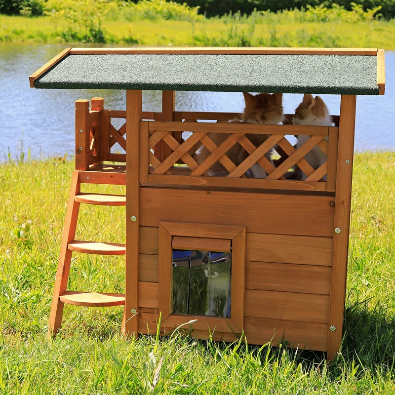 Katzenhaus aus Holz mit Terrasse & Treppe