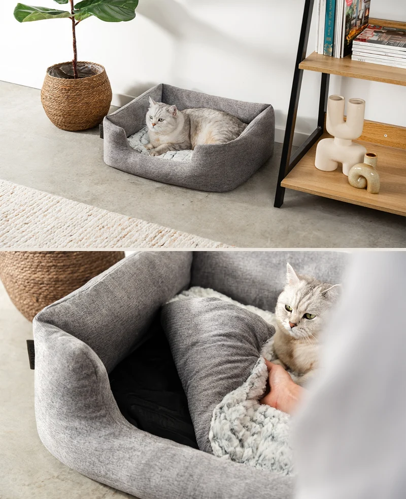 Katzenbett mit Wendekissen & meliertem Außenstoff