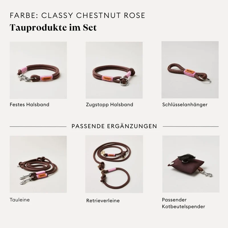 Tau-Retrieverleine Classy Chestnut ROSE, 190 cm (integrierte Halsung)